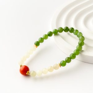 Jade Balance | Hetian Jade & Red Agate Bracelet - Hetian green jade, Hetian jade, red agate, gold-finished silver bracelet product photograph